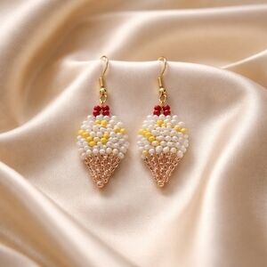 Vanilla Ice Cream Cone Seed Bead Earrings, Yellow Sprinkle Dangle Earrings, Cute